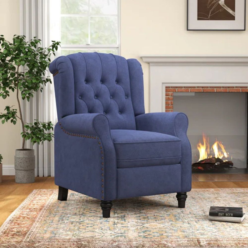 Sandee 29.5" Wide Classic Push Back Recliner with Thufted Back and Rivets, Blue Microfiber/Microsuede