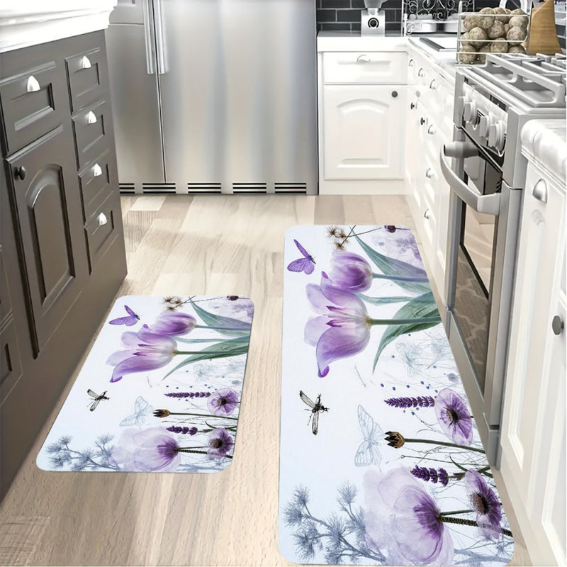 Ensemble de 2 tapis de cuisine translucides à motif floral mauve