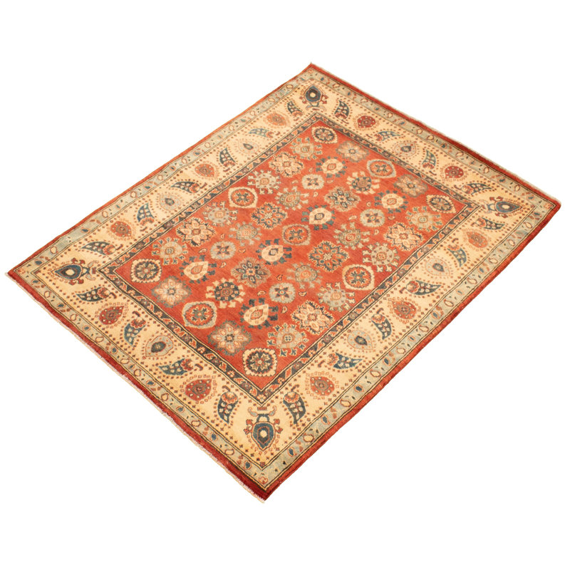 Tapis unique en laine noué à la main de style uzbek Gazni des années 2010 de 4 pi 11 po x 6 pi 3 po rouge foncé Quave