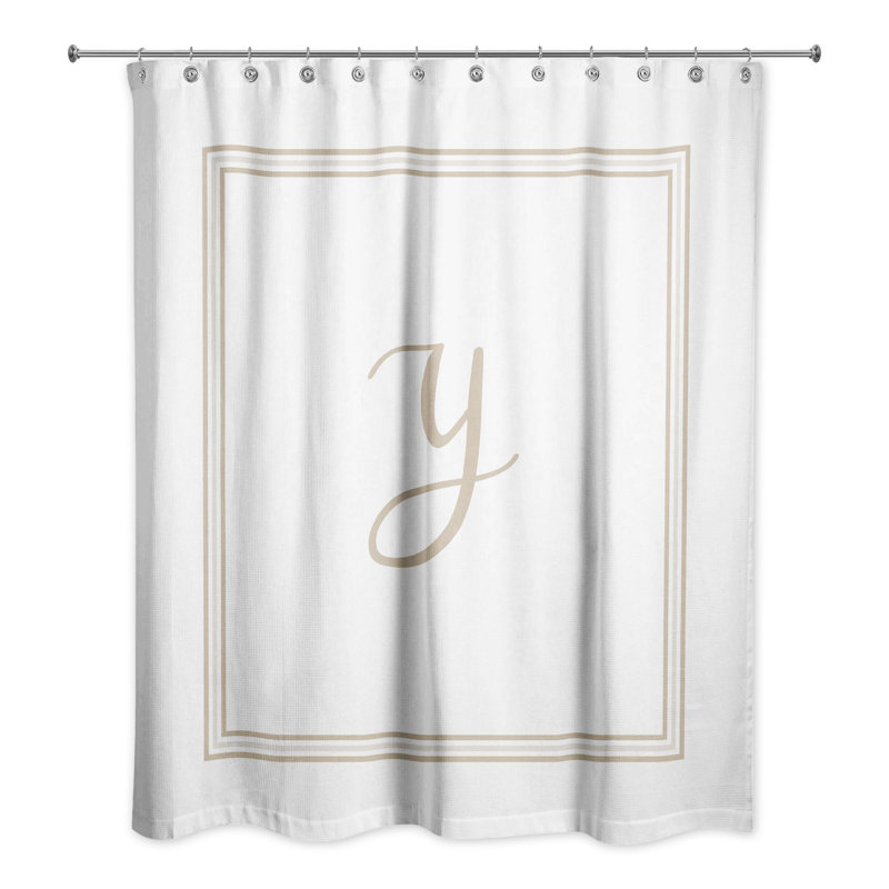 Beige and White Monogrammed Fabric Shower Curtain, 71" x 74"