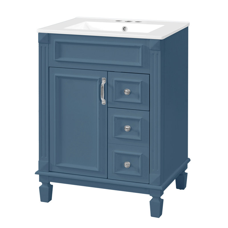 Meuble-lavabo bleu moderne avec 2 tiroirs et lavabo en céramique intégrée