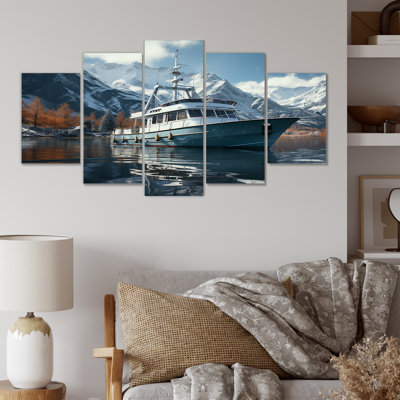 'Red And White Fishing Boat In River I - Boat Fishing Multipanel Wall Art For Living Room