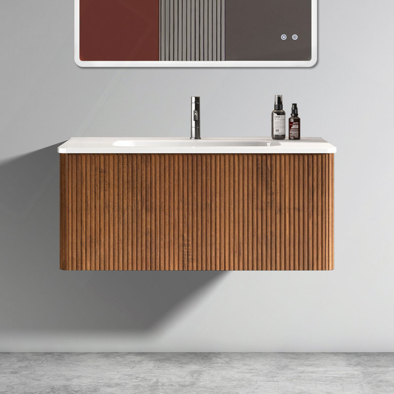 Meuble-lavabo 36 po en noyer rayé avec lavabo en céramique blanc, meuble-lavabo mural flottant pour salle de bain moderne, pré-assemblé