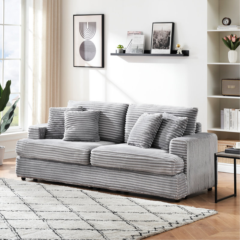 Canapé gris en velours côtelé avec 4 coussins pour 3 personnes, 31" H x 79.3" W x 34" D, Gris