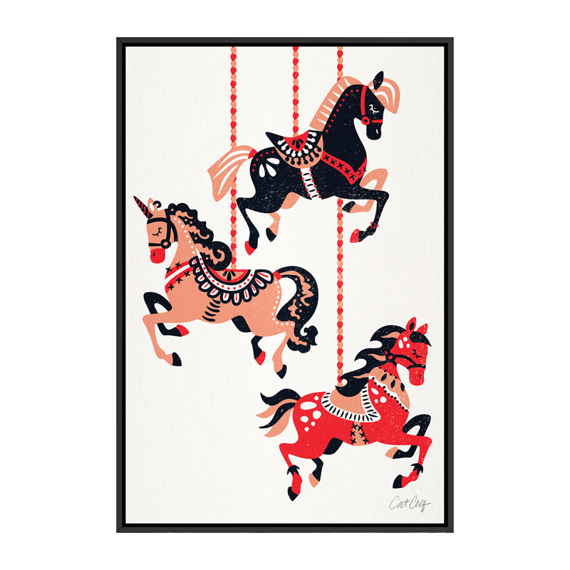 " Red Black - Carousel Horses " by Cat Coquillette, Black Frame, No Mat, 60" H x 40" W x 1.5" D