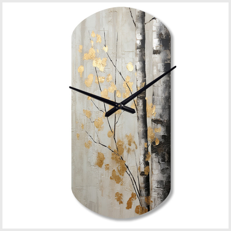 Tree Whispers Of Grey and Gold - Cylindre monochrome, horloge murale en métal, horloge asymétrique, Grand