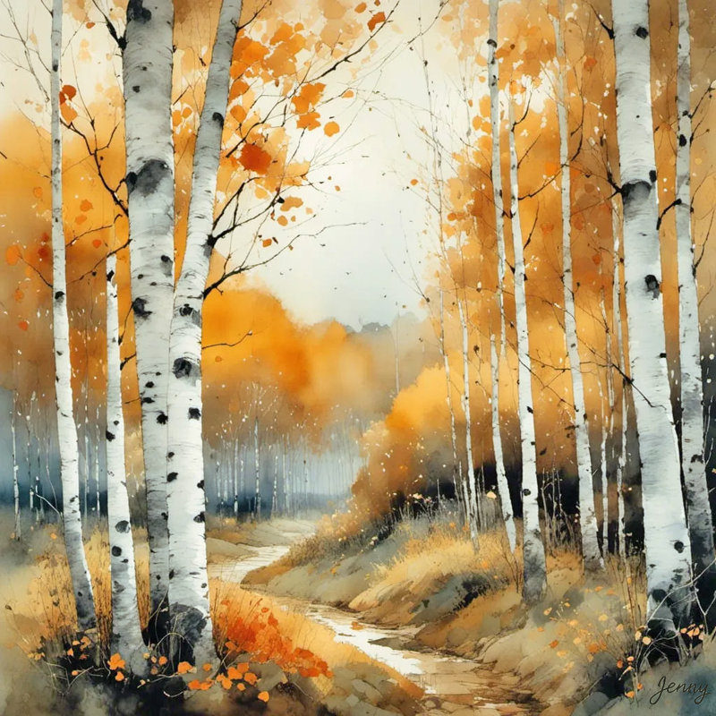 «Whispers of Autumn - Birch Forest Stream», art sur toile tendue, H 20 po x l 20 po