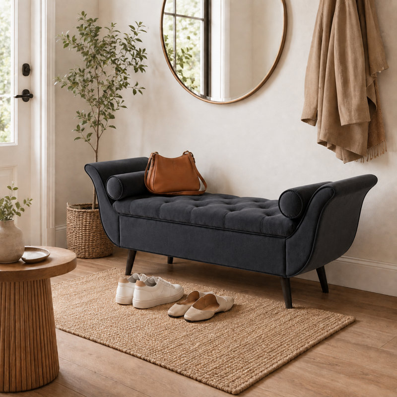 Velvet Upholstered Flip Top and Storage Bench, Grizzly