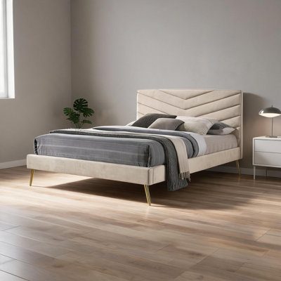 Bedroom Bed Frame Luxury Mid-Century Modern Tufted California King Size Beige-Toned Solid Wood Upholstered Padded Headboard