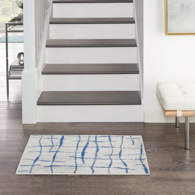 Ivory And Blue Irregular Grids Area Rug, Rectangle 6' x 9'