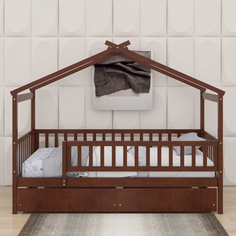 Lit simple en bois avec tiroirs, Noyer
