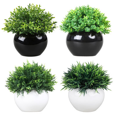 Mini plante bonsaï artificielle 4 pièces, plante de bureau avec pot en céramique, plante verte pour salle de bain, chambre à coucher, salon