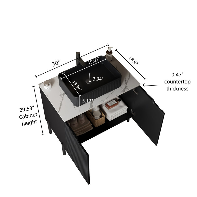 Meuble-lavabo de 30 po avec lavabo en céramique noire, comptoir en pierre frittée blanche, armoire autoportante, style français, système de fermeture en douceur, portes autoportantes scandinaves