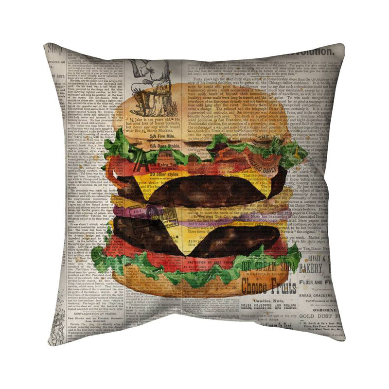 Vintage style all dressed double cheeseburger - 18"x18" Throw pillow - Poly twill - Print on demand, 18"H x 18"W
