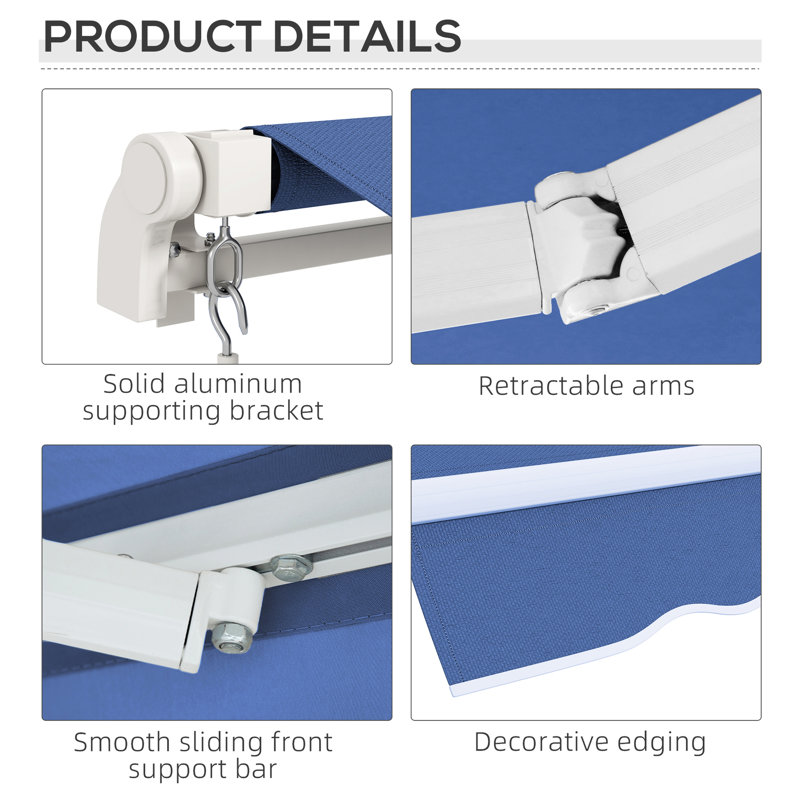 12' X 10' Retractable Yard Awning, 280g/m² & Water- Fabric, Manual Crank, Aluminum Frame For Multiple Outdoor Surfaces, Dark Blue Balcony Awning , Deck, Yard,