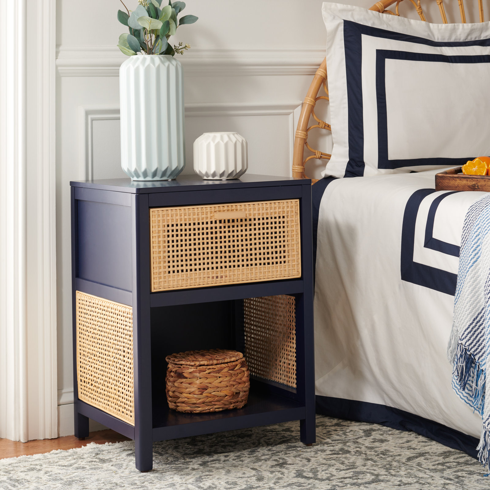 Epaulette Mahogany Nightstand, Navy