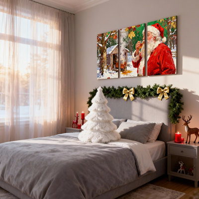 Ensemble de 3 impressions sur toile de Noël père Noël sirotant un thé dans la forêt hivernale