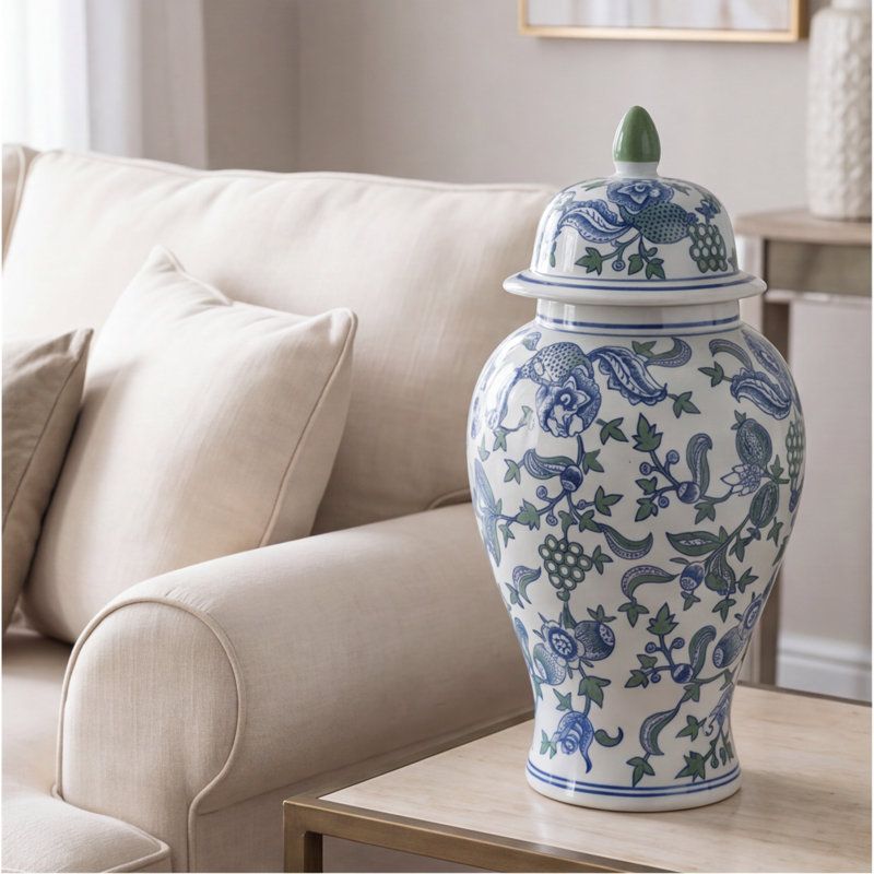 20.1-Inch Tall Decorative Porcelain Ginger Jar with Cherry Blossom Pattern - 10" Diameter, Multicolor