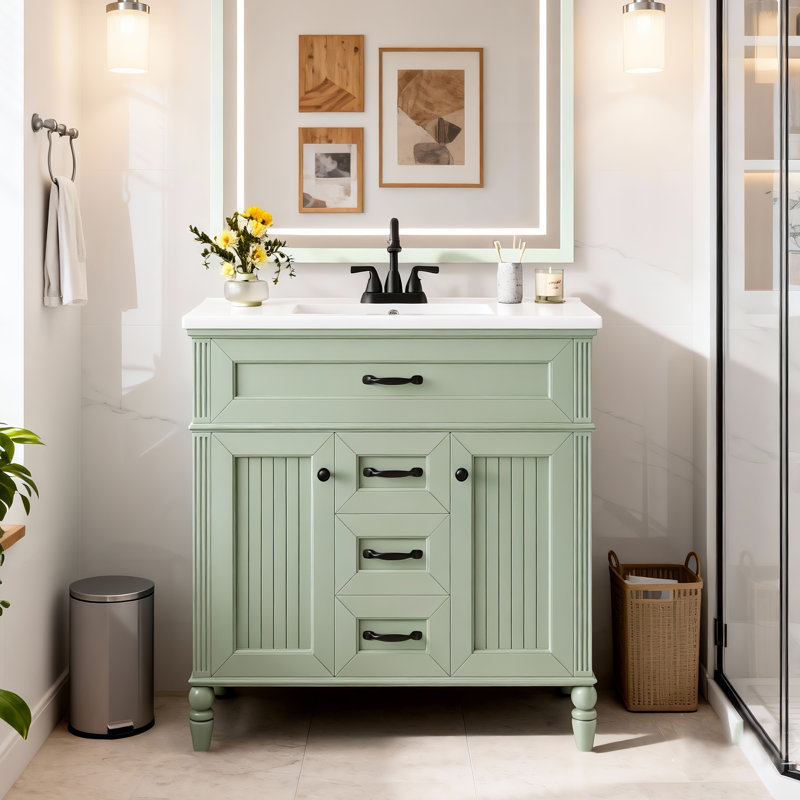 36" Freestanding Bathroom Vanity With Sink Combo: Ceramic Basin, Mdf + Solid Wood Frame, Flip-Out Drawer, 2 Storage Drawers