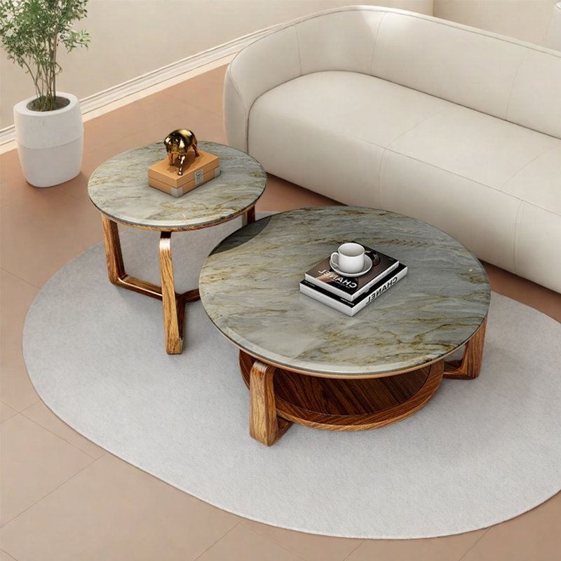 Round solid wood marble coffee table