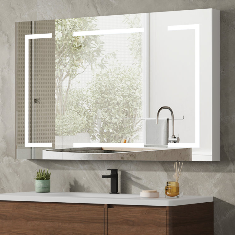 Kyante  Aluminum  Medicine Cabinet with LED Mirror for Bathroom,  Wall Mounted Surface led Medicine Cabinet, Defog, Stepless Dimming, 3 Color Change, 2 Outlets, 2USB