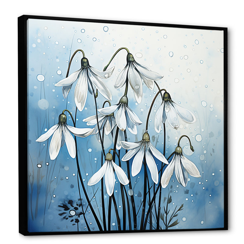 Minimalisme bleu et blanc «Snowdrops Bloom I», reproduction sur toile, H 30 po x l 30 po x P 1 po, Cadre flottant noir