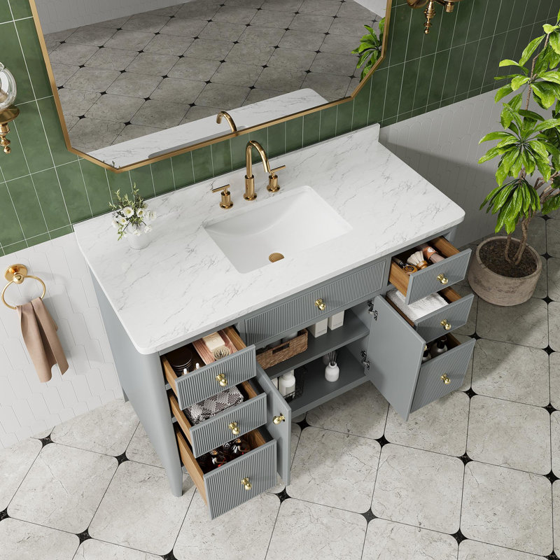 Ensemble de meuble-lavabo sur pied simple 48 po avec structure en bois massif et plateau en marbre d'ingénierie, Gris