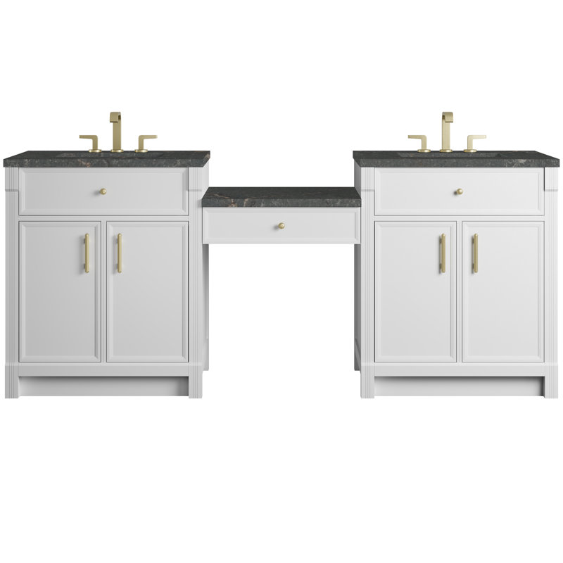 Bellshire 84" W Dual Vanity Set with 24" Make-Up Counter, Bright White, Parisien Bleu, 8" Widespread