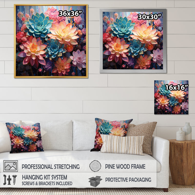 " Pink Succulent Pink Serenade I ", 36" H x 36" W x 1.5" D, Black Floater Framed