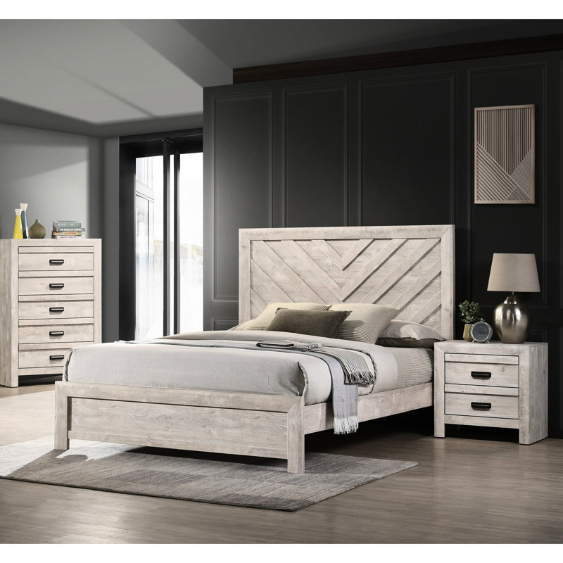 Lit double beige avec motif géométrique et attrait rustique
