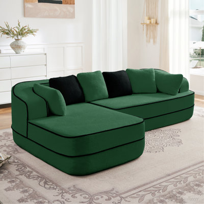 Canapé de 106 po en tissu pelucheux sans assemblage à densité élevée de 106 po, couleur contrastée, canapé moelleux et confortable avec méridienne en L, pour le salon, vert
