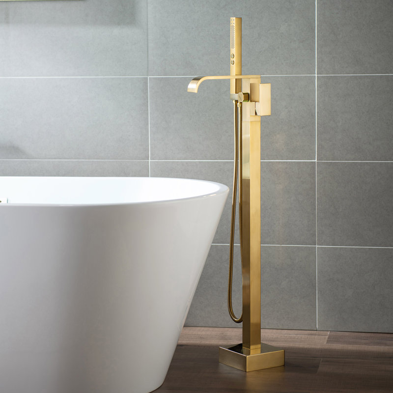 Robinet de baignoire monocommande à fixation au sol avec douche à main, Or brossé