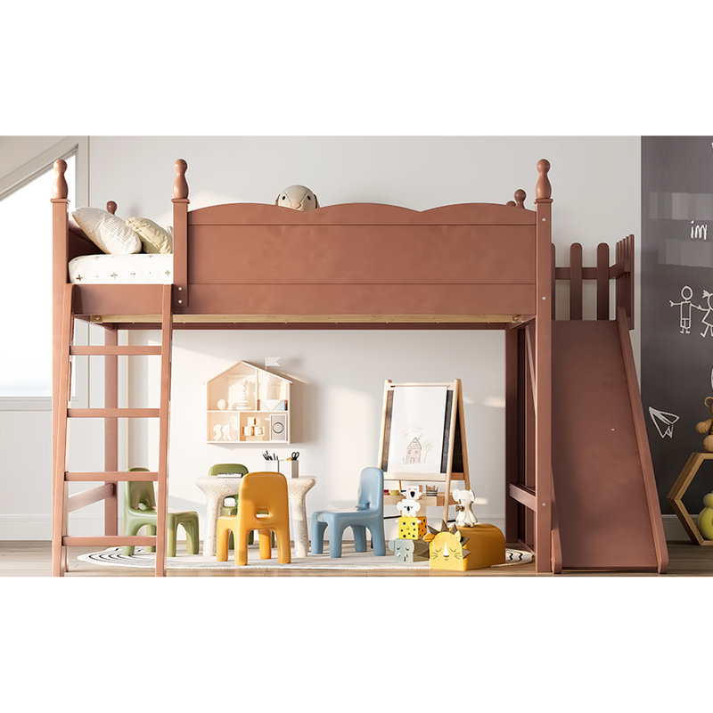 Grand lit mezzanine avec glissade et rangement amovibles, garde-robe pour articles, structure en bois massif, tablettes de rangement multifonctionnelles, glissoire, garde-robe, coffre-fort, option de jeu