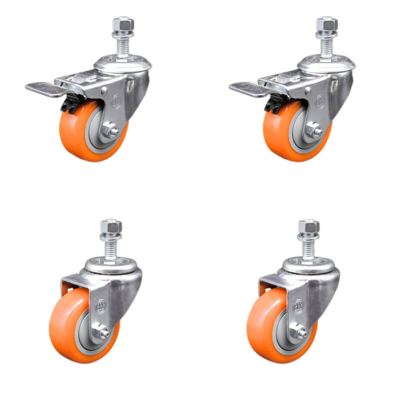 3.5 Inch SS Poly 12mm Threaded Stem Caster Set 2 Total Lock Brake SCC, Orange