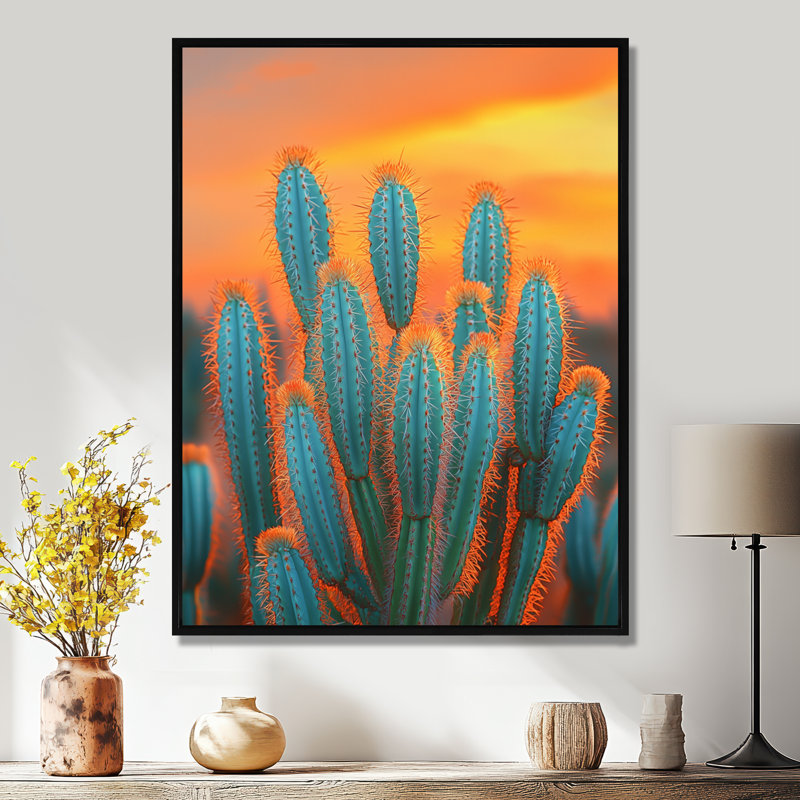 Mariques, Mexique, cactus au coucher du soleil - Cactus, impressions sur toile, Noir, Reproduction avec cadre flottant