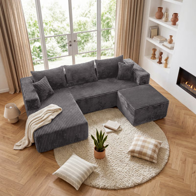 U-Shaped Modular Sectional Sofa, Flannel Upholstered Couch with Ottoman and Pocket Springs, Compression Roll-Pack Sectional Sofa with 5 Pillows No Assembly Required, Gray