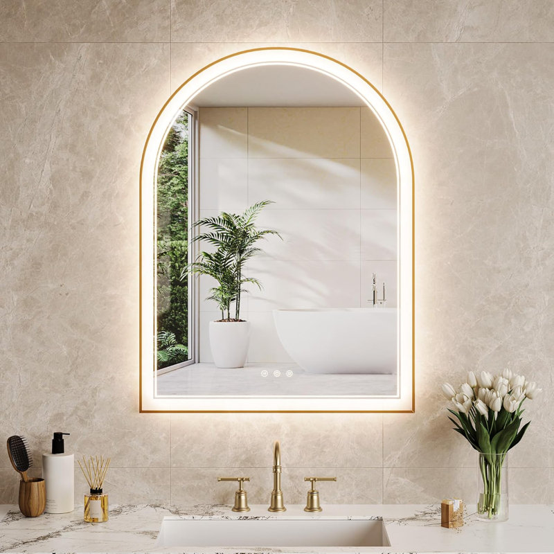 Miroirs de salle de bain arqués à DEL avec anti-buée, avec miroir à DEL à éclairage avant et rétroéclairé à intensité variable pour la salle de bain, miroir de salle de bain à température de couleur 3, suspendu ou incliné