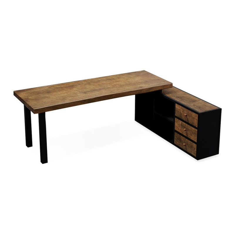 Bureau brun et noir en bois massif en forme de L + fer, H 29,53 po x l 70,87 po x P 31,5 po