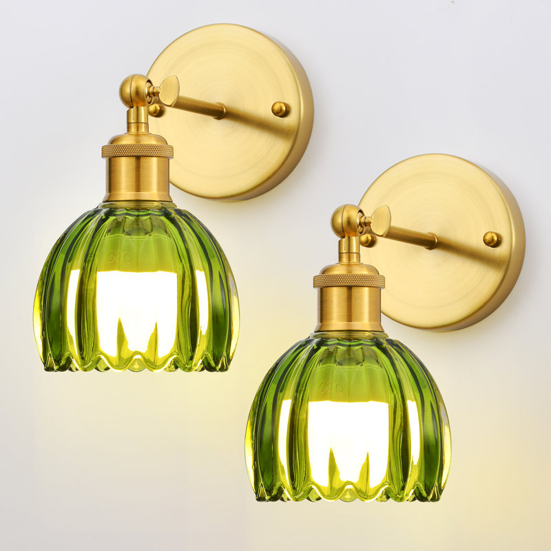 Battery Operated Wall Sconces With Remote Control With Green Tulip Glass Lampshade (Set Of 2), Gold, Green