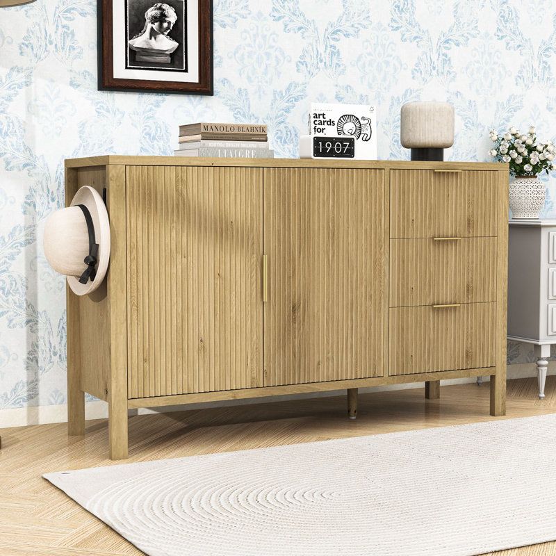Buffet moderne à motif de vagues avec 3 tiroirs, tablettes réglables et crochets pour le salon, Naturel