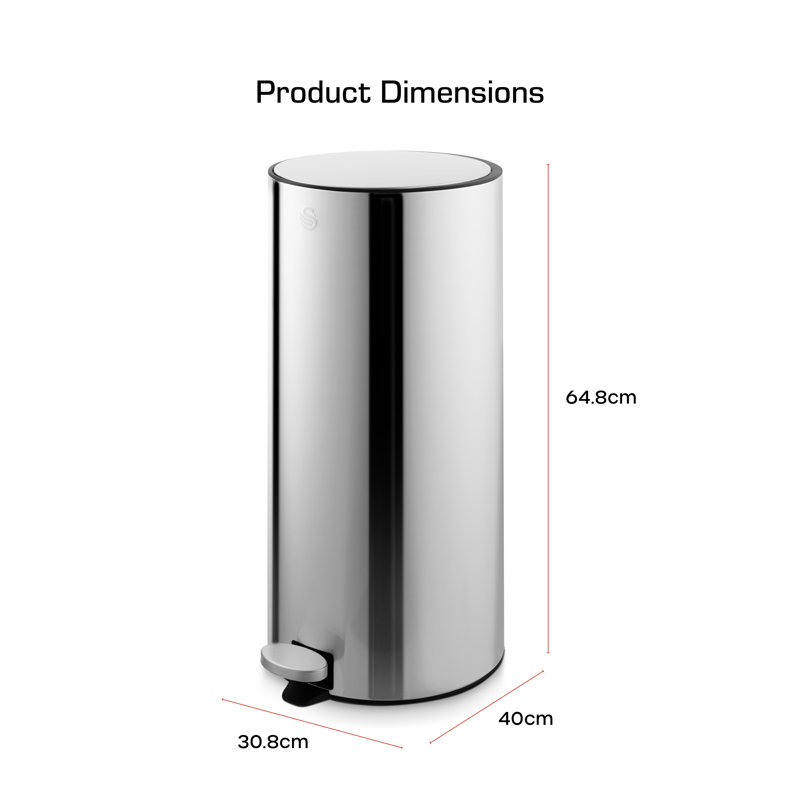 Swan 30L Round Pedal Bin with Foot Pedal System, Plastic Lid and Inner Bucket, Stainless Steel with Fingerprint Proof Finish