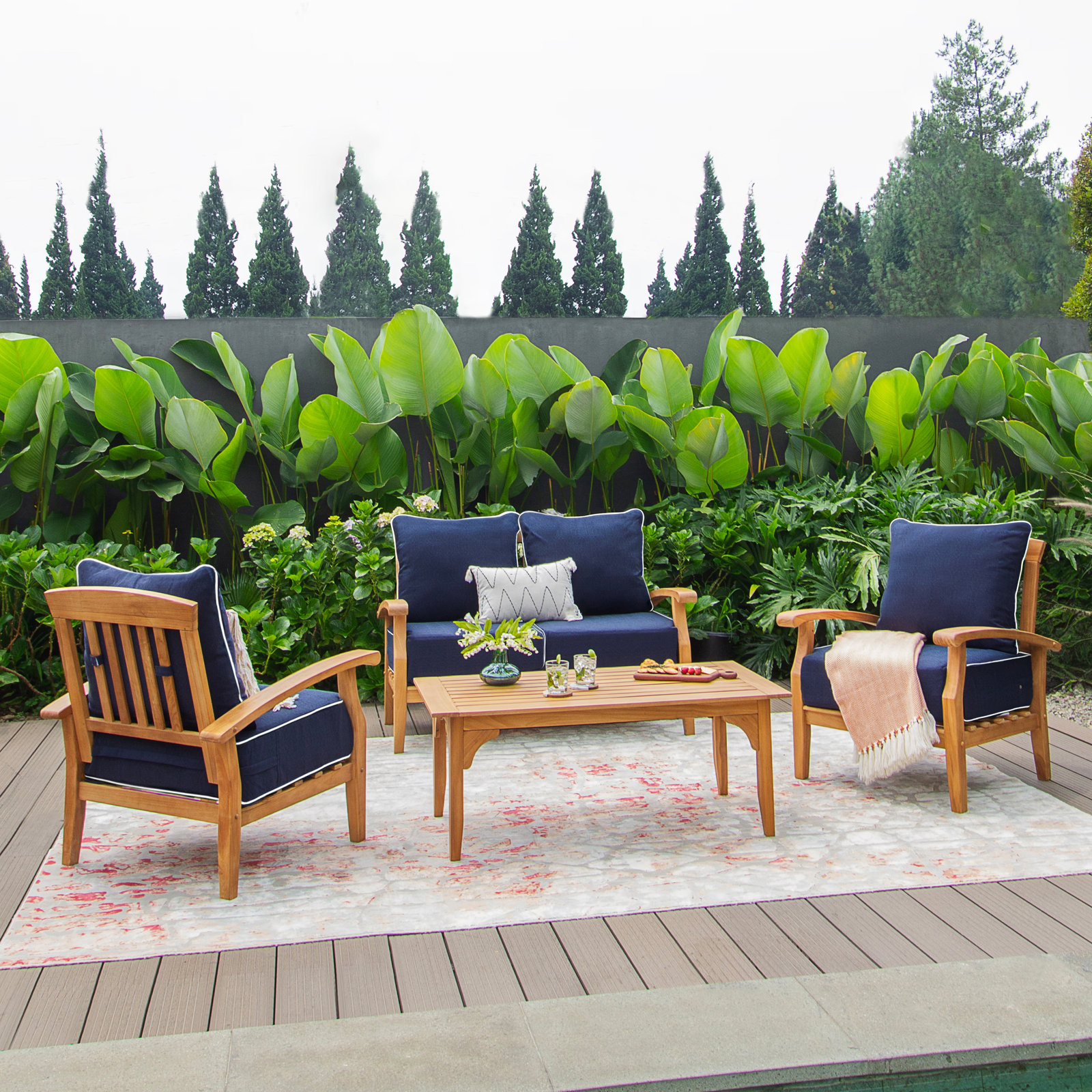 Summerton 4-Person Patio Seating Group, Navy White Piping