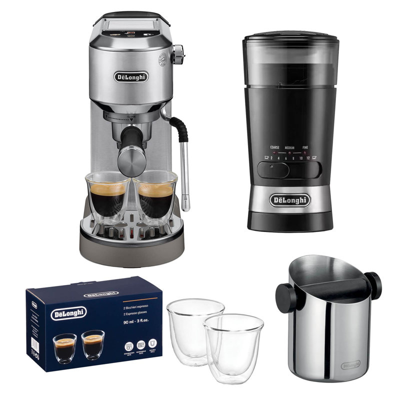 Dedica Duo Coffee Machine, Knock Box, Grinder & Latte Glasses Silver, Green