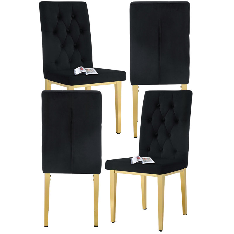 Ensemble de 4 chaises de salle à manger en cuir Buckle Grid, Or, Noir