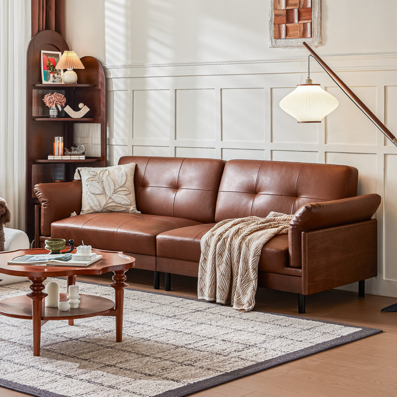 90.6''W Brown Oversized Leather Couch, Luxurious 4-seater Sectional Sleeper Sofa with Deep Seats and Wide Armrests, Mid-century Modern Tufted Upholstered Loveseat for Living Room