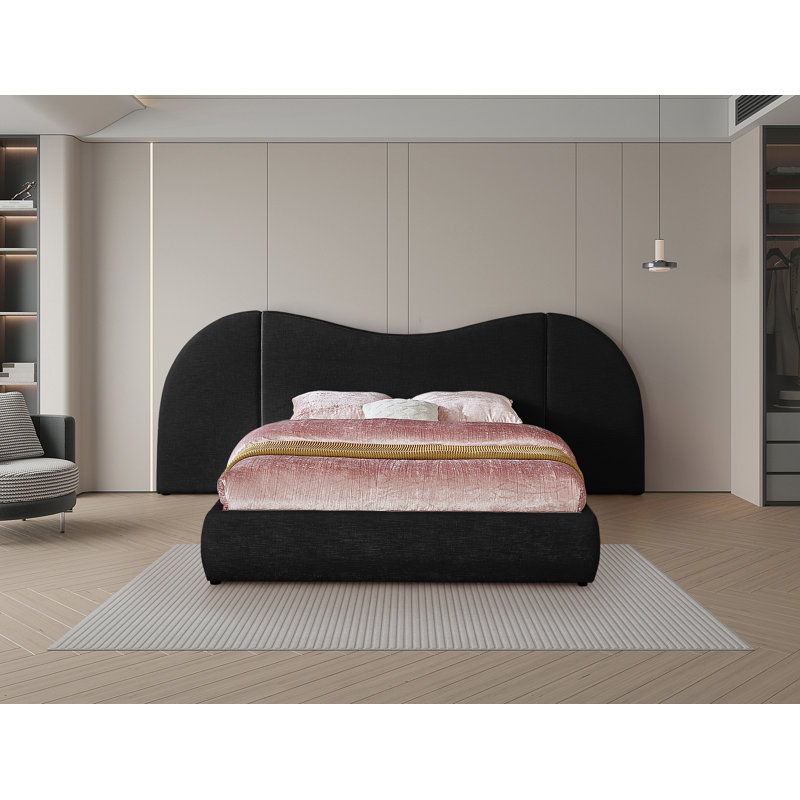 Hyrup Upholstered Panel Bed, King, Black Linen Textured Fabric