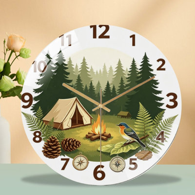 Horloge murale silencieuse en verre trempé de 30 cm, motif « Scène de camping », sans tic-tac, fonctionne avec des piles AA (non incluses), décoration artistique pour la maison