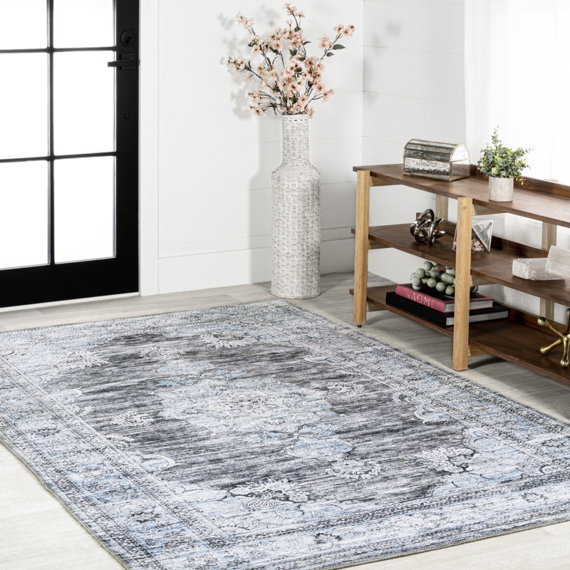 Tapis gris foncé / bleu Elloise Bohemian, Rectangle 7 pi 10 po x 10 pi