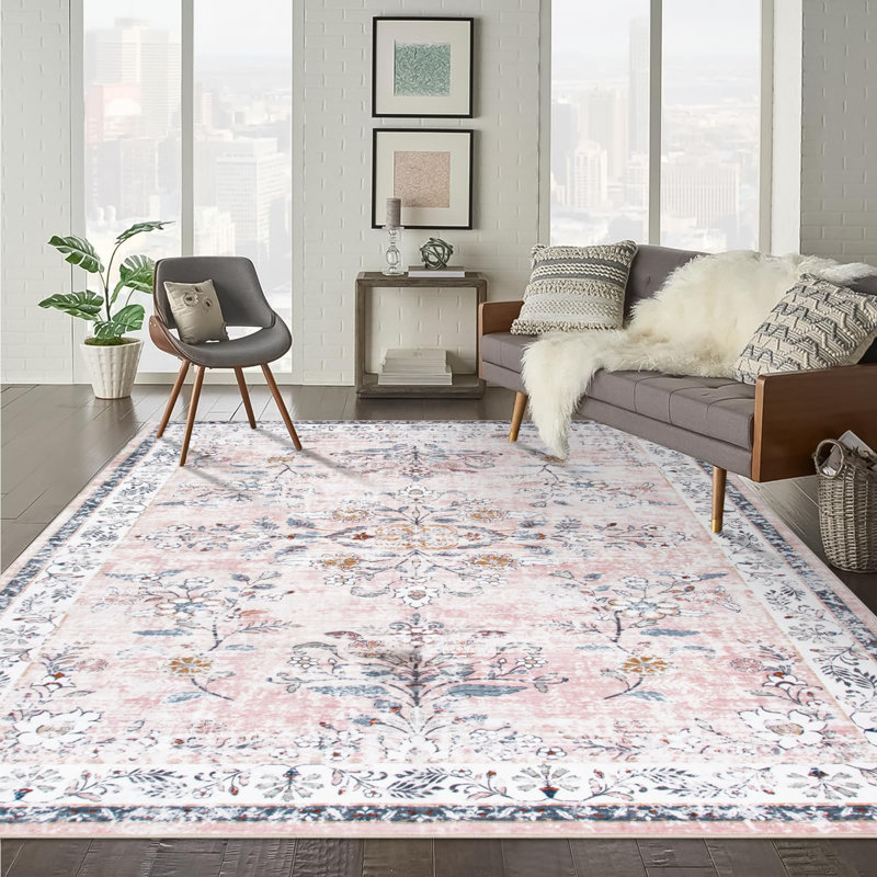 Washable Area Rug for Living Room Vintage Floral Boho Rugs for Bedroom Dining Room, Rectangle 9' x 12'