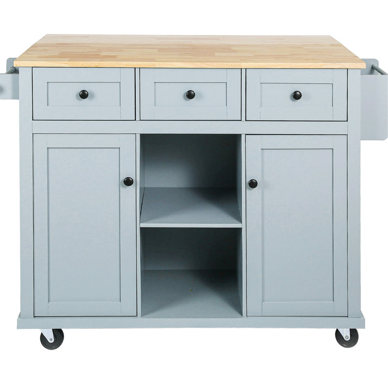 Drop Kitchen Cart With 3 Drawers & Cabinet Storage, 5 Movable Wheels, Blue Grey Island Removable Shelves, For Custom Home
